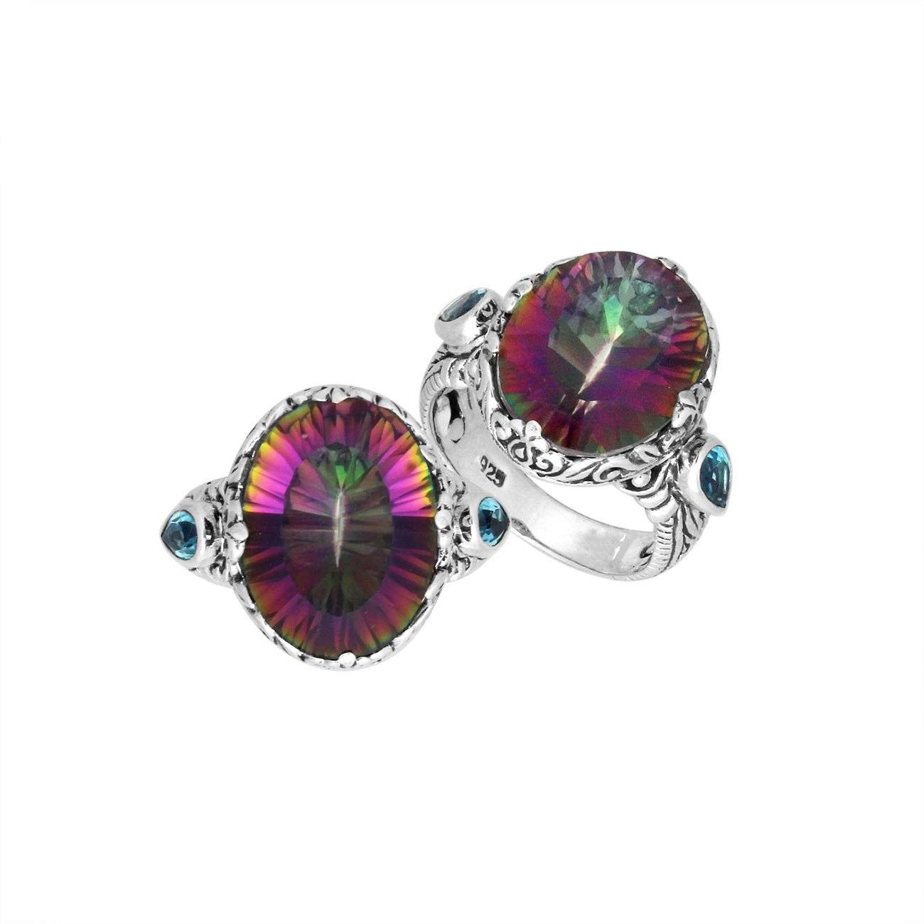 Sterling Silver Mystic Quartz Oval Shape Ring With Balinese Carved Band For Women