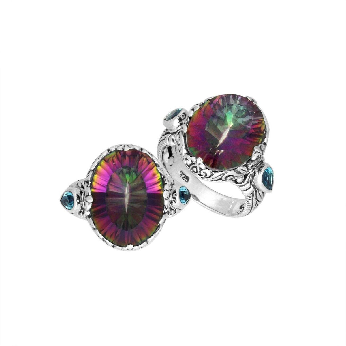 Sterling Silver Mystic Quartz Oval Shape Ring With Balinese Carved Band For Women