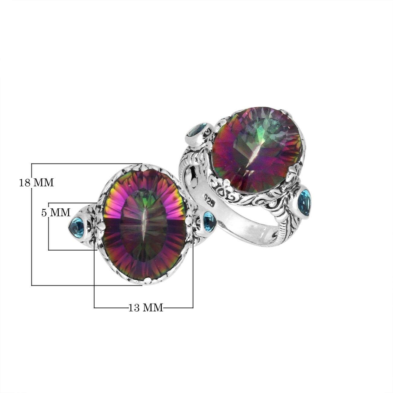 Sterling Silver Mystic Quartz Oval Shape Ring With Balinese Carved Band For Women