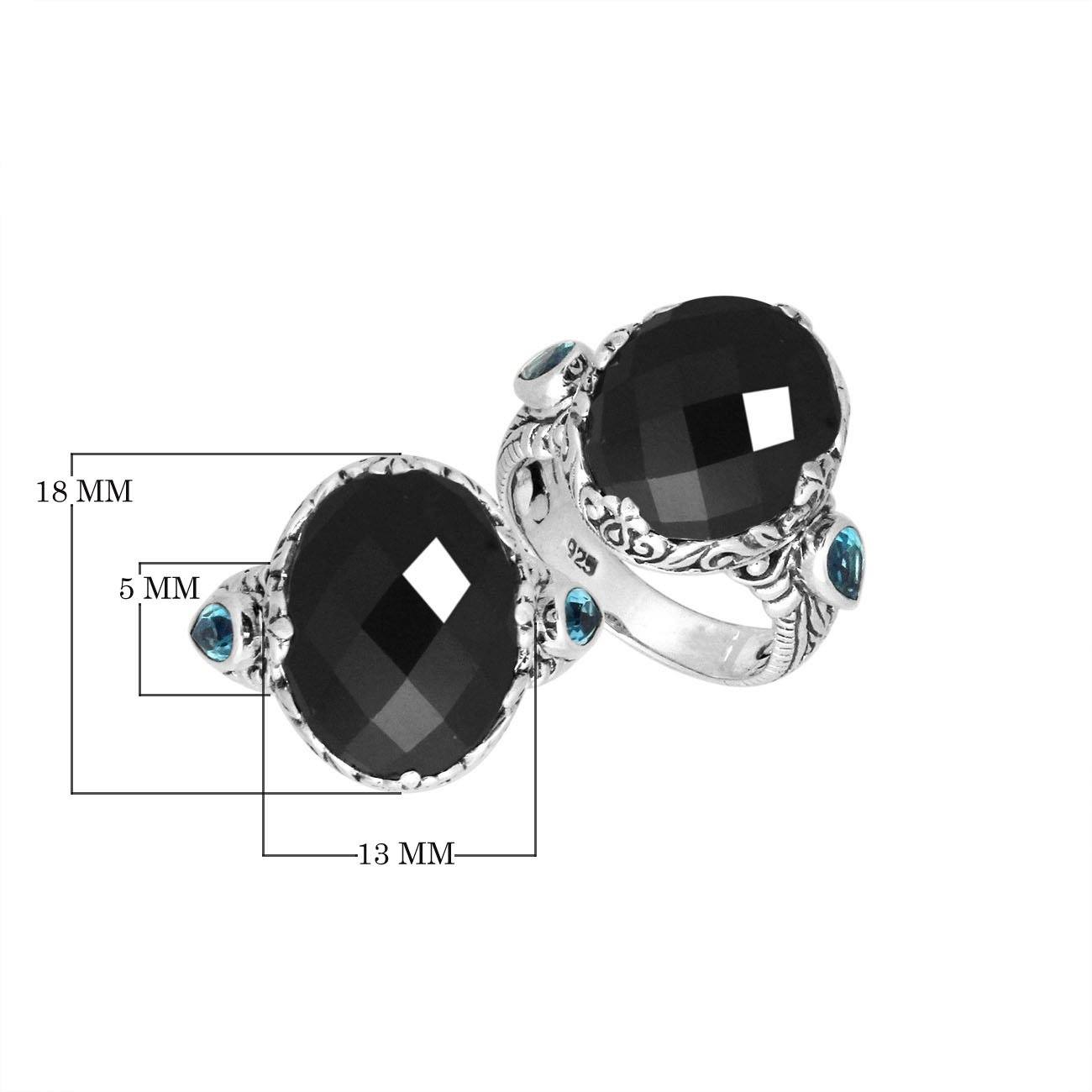 Sterling Silver Black Onyx Quartz Oval Shape Ring With Balinese Carved Band For Women