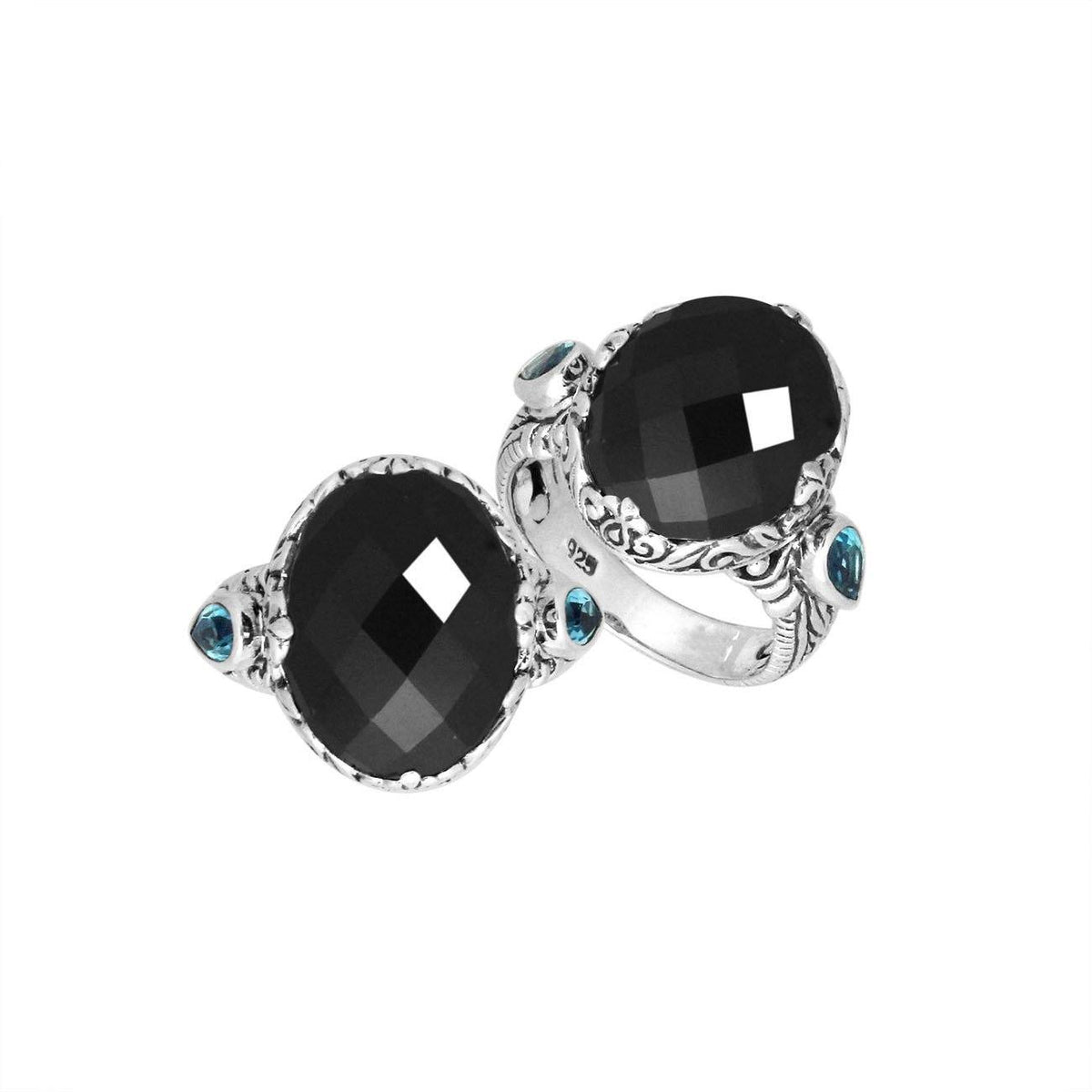Sterling Silver Black Onyx Quartz Oval Shape Ring With Balinese Carved Band For Women