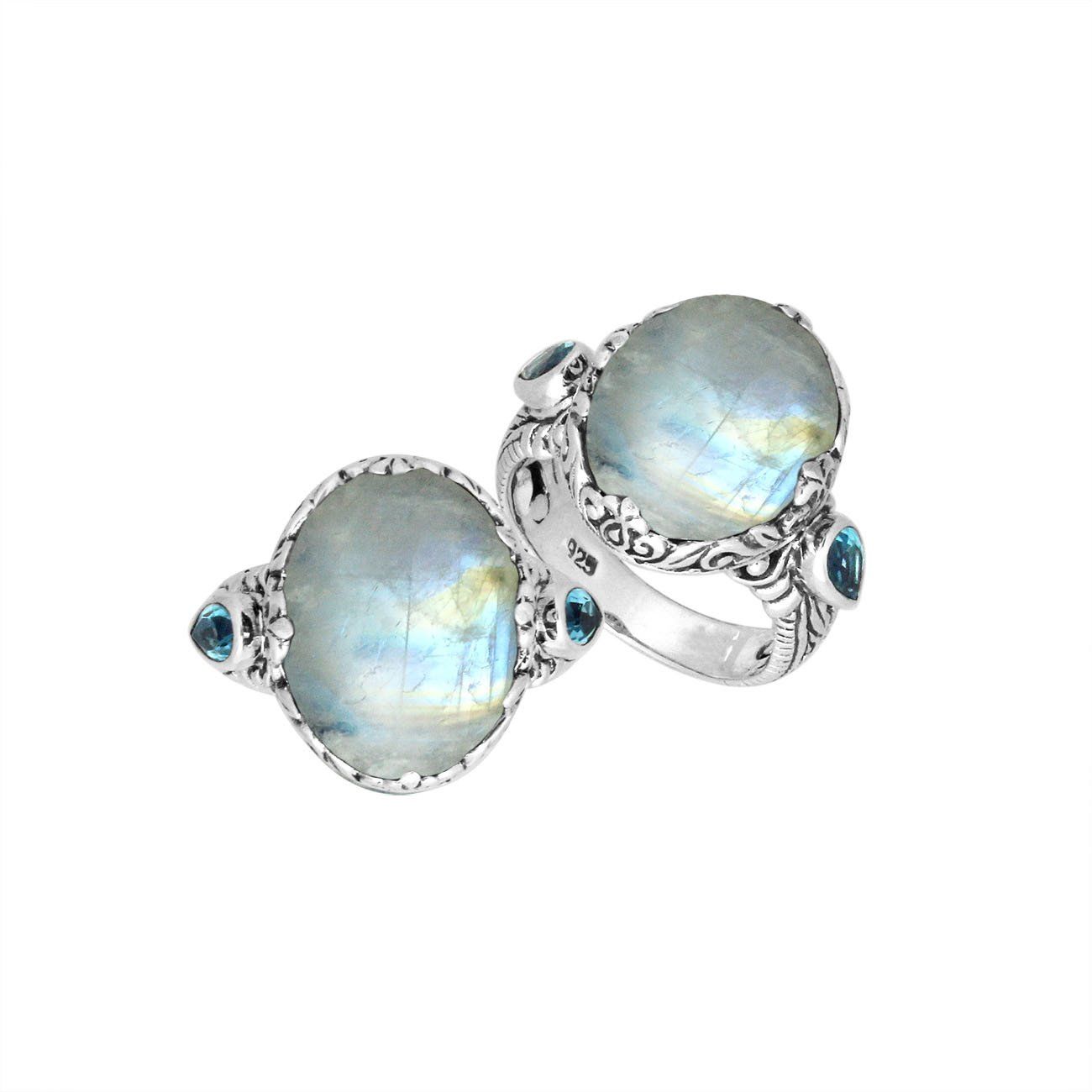 Sterling Silver Rainbow Moonstone Oval Shape Ring With Balinese Carved Band For Women