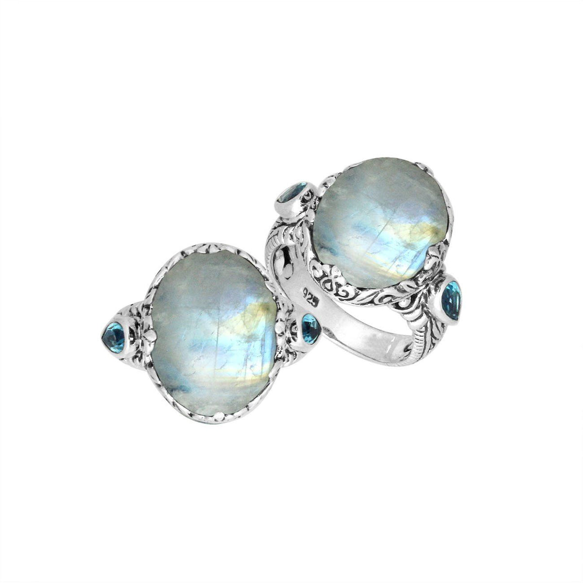 Sterling Silver Rainbow Moonstone Oval Shape Ring With Balinese Carved Band For Women