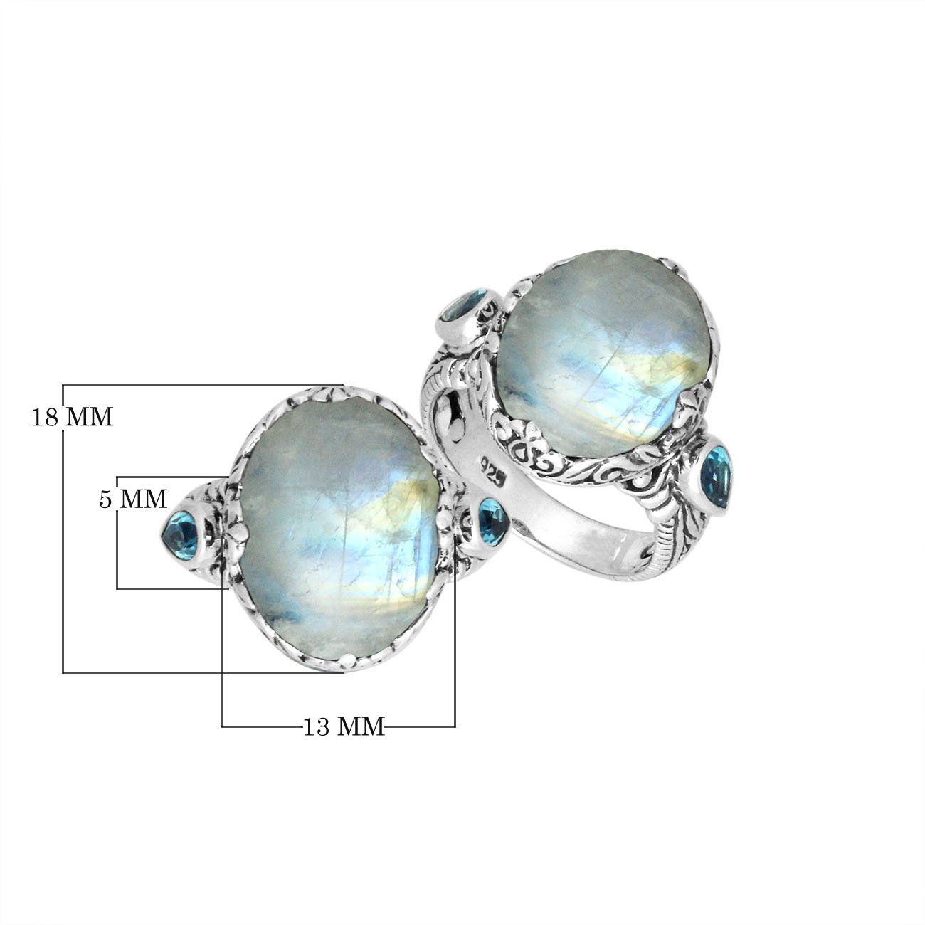 Sterling Silver Rainbow Moonstone Oval Shape Ring With Balinese Carved Band For Women