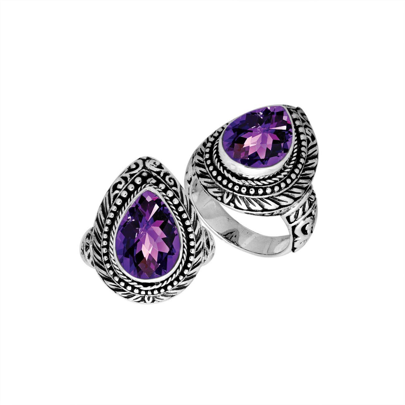 Sterling Silver Pear Shape Amethyst Quartz Ring With Balinese Carved Band For Women