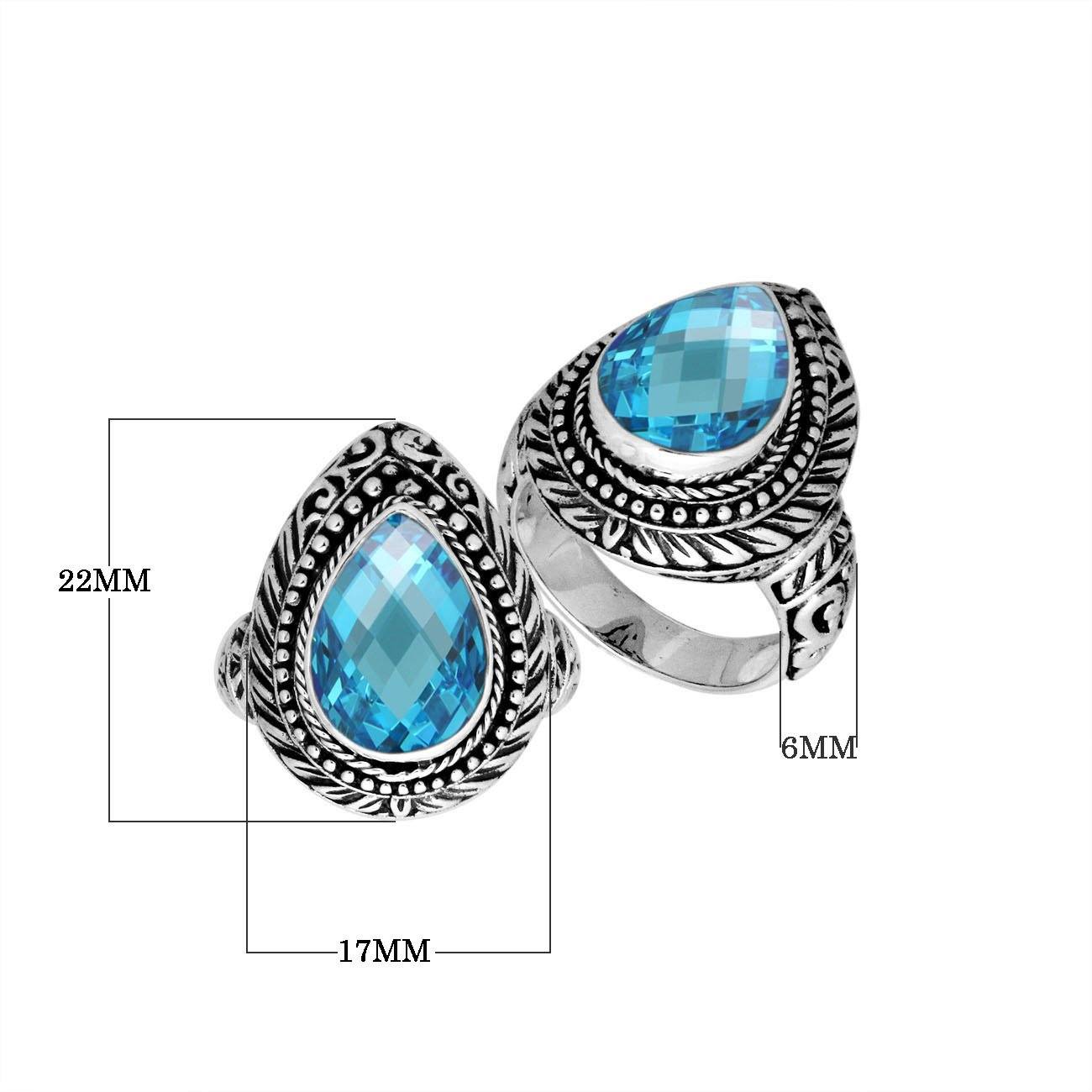 Sterling Silver Pear Shape Blue Topaz Quartz Ring With Balinese Carved Band For Women