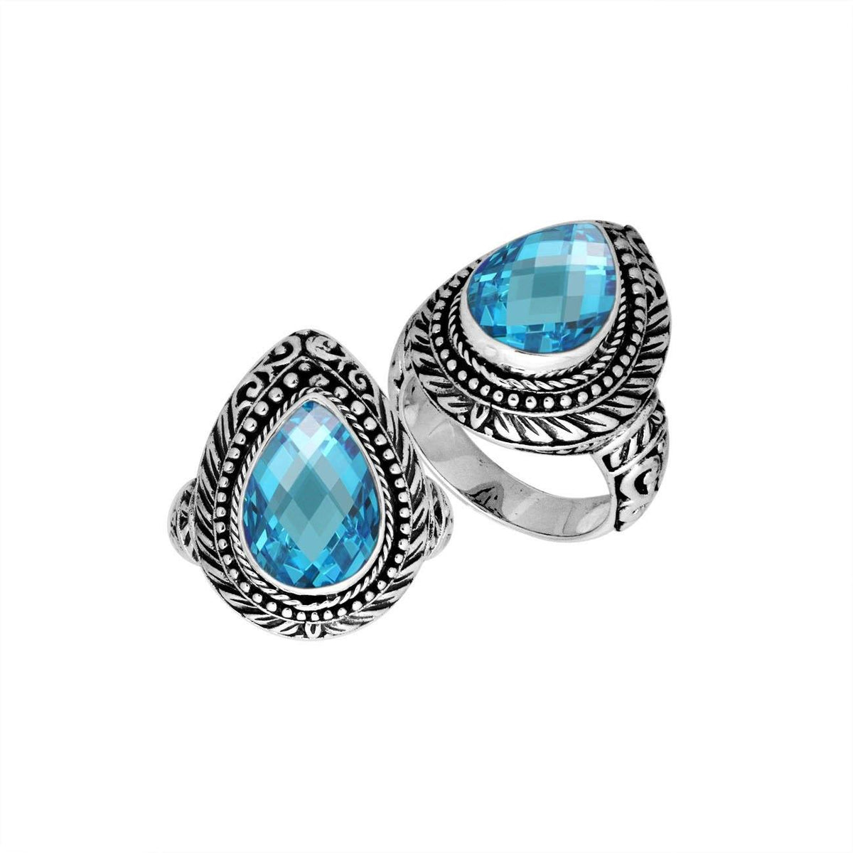 Sterling Silver Pear Shape Blue Topaz Quartz Ring With Balinese Carved Band For Women