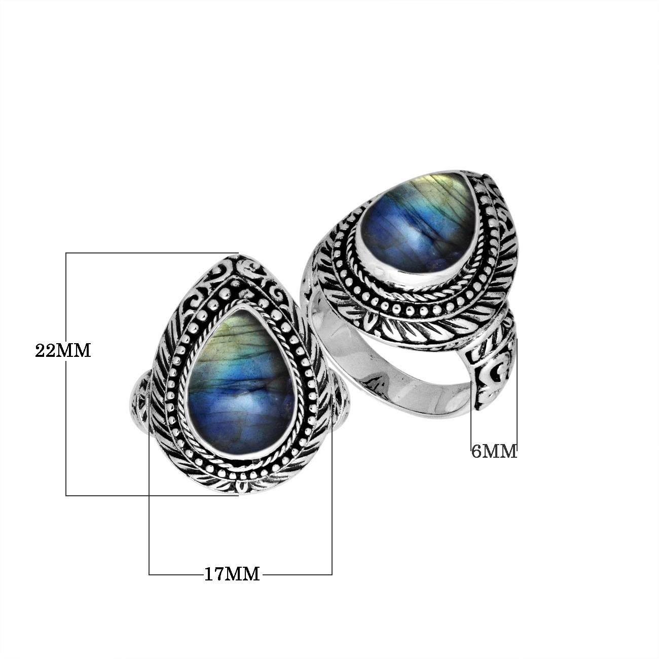 Sterling Silver Pear Shape Labradorite Ring With Balinese Carved Band For Women