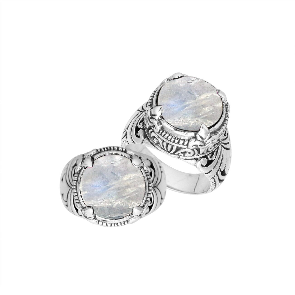 Sterling Silver Balinese Rainbow Moonstone Ring With Elegant Round Shape Design