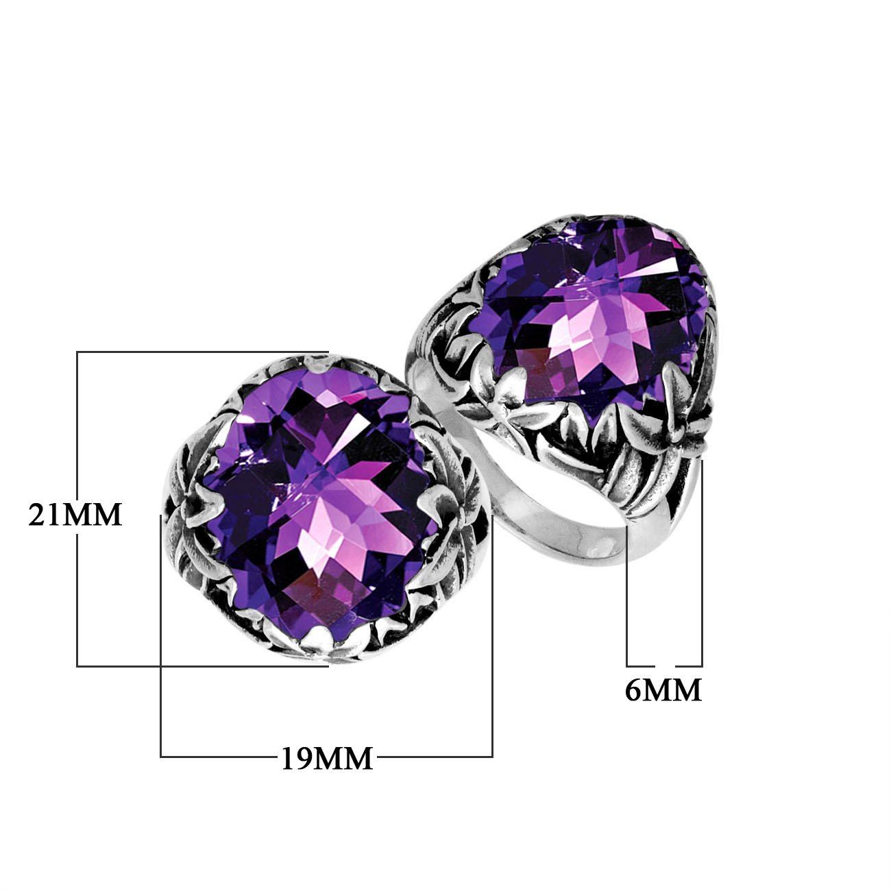 Sterling Silver Balinese Amethyst Quartz Ring With Elegant Leaf Pattern Design