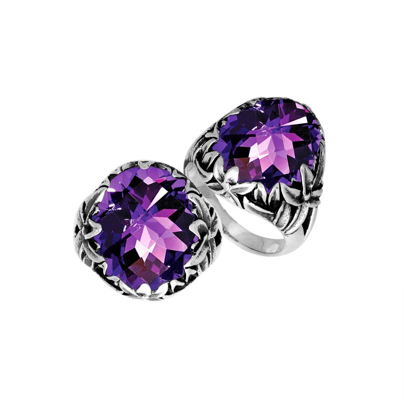 Sterling Silver Balinese Amethyst Quartz Ring With Elegant Leaf Pattern Design