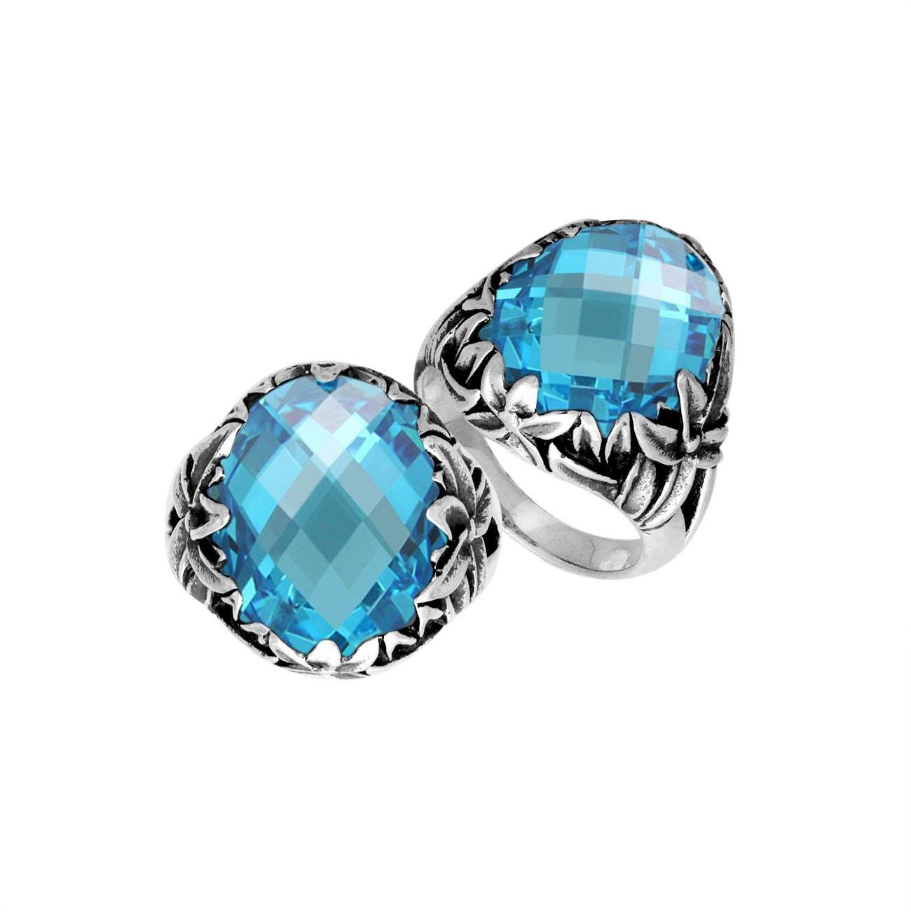Sterling Silver Balinese Blue Topaz Quartz Ring With Elegant Round Shape Design