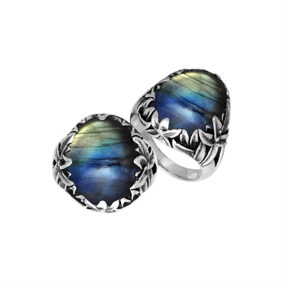 Sterling Silver Balinese Labradorite Ring With Elegant Leaf Pattern Design