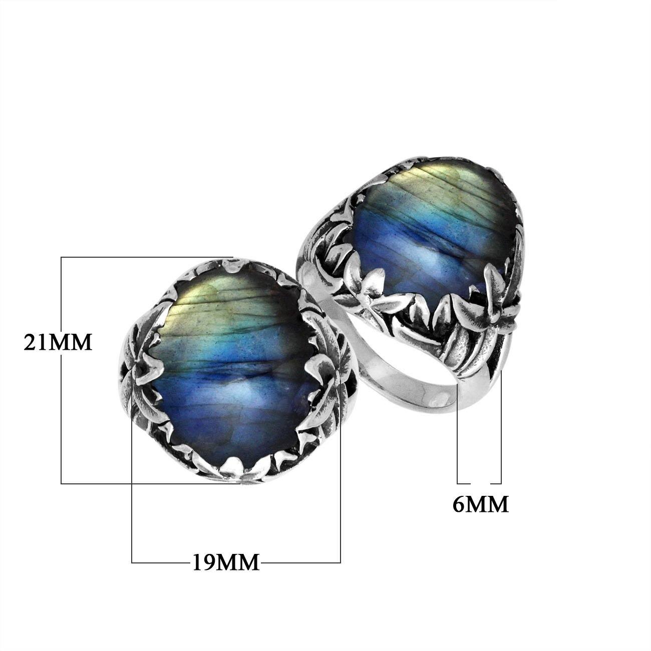 Sterling Silver Balinese Labradorite Ring With Elegant Leaf Pattern Design