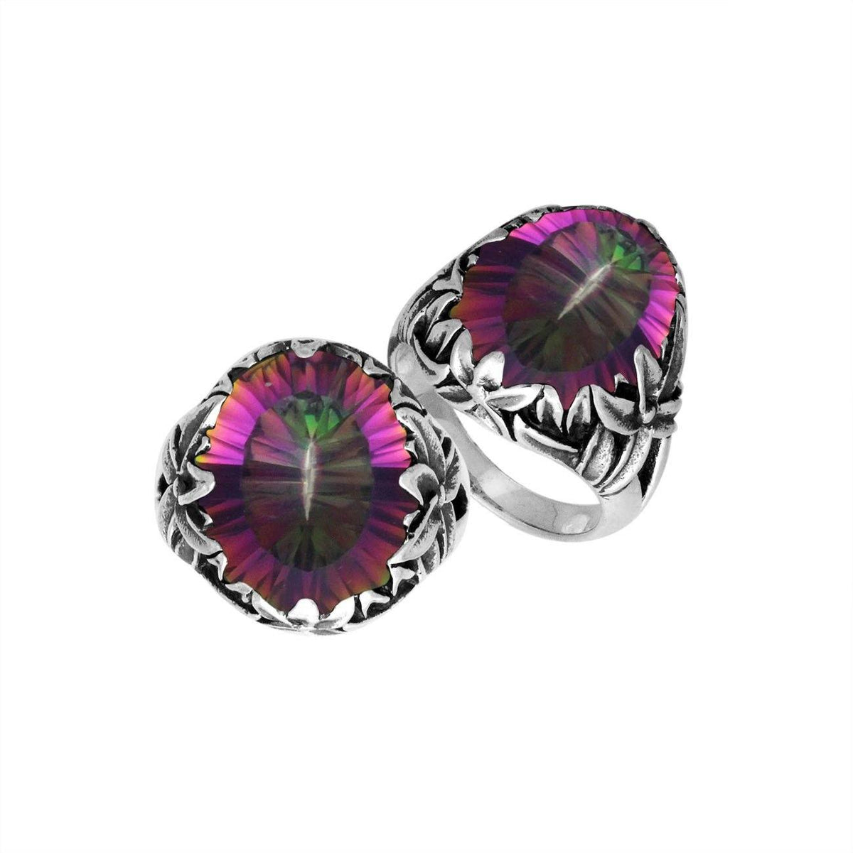 Sterling Silver Balinese Mystic Quartz Ring With Elegant Leaf Pattern Design