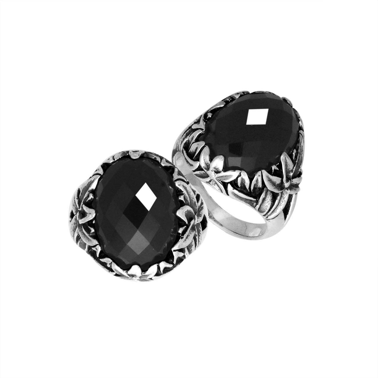 Sterling Silver Balinese Black Onyx Ring With Elegant Leaf Pattern Design