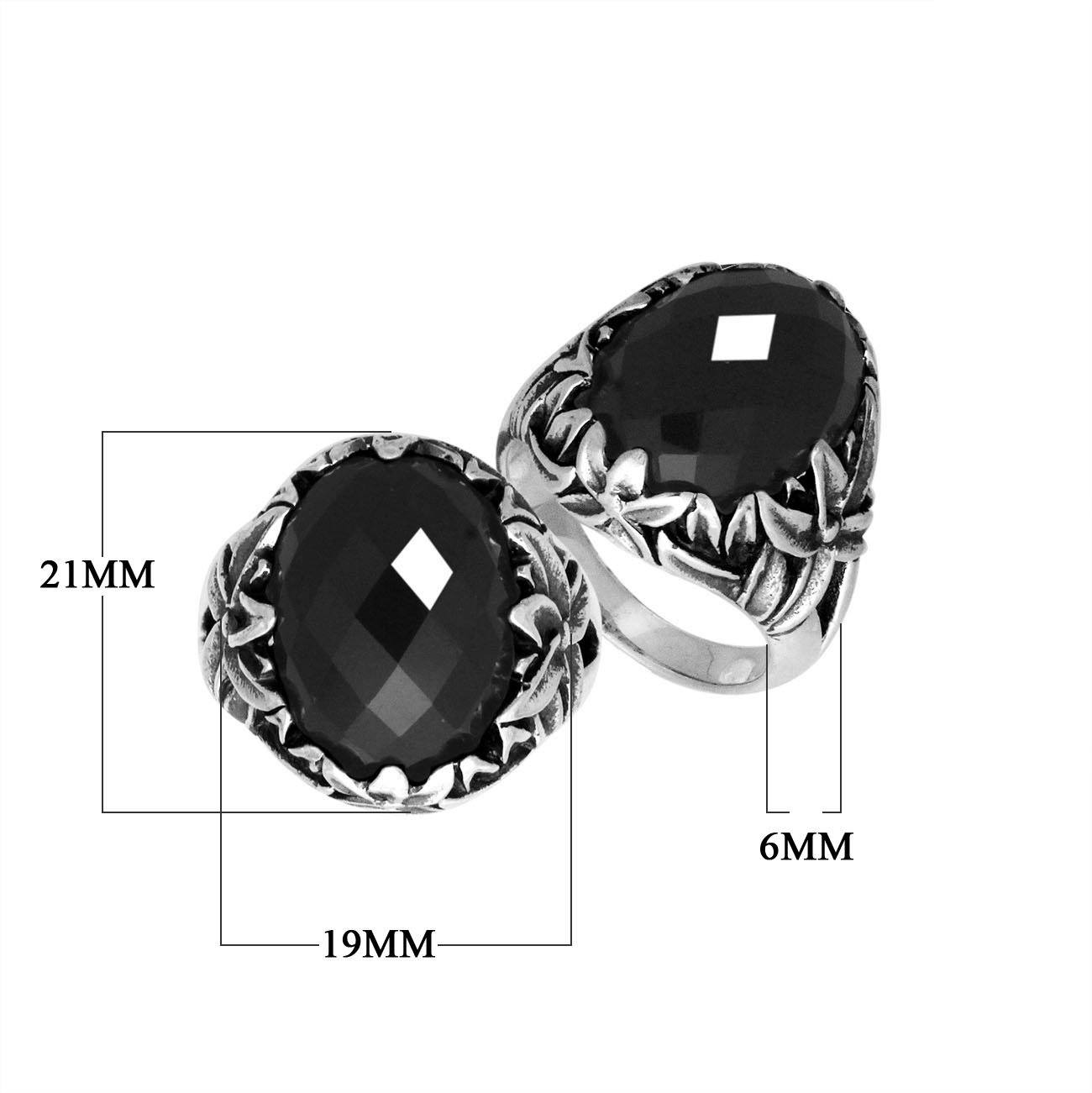 Sterling Silver Balinese Black Onyx Ring With Elegant Leaf Pattern Design