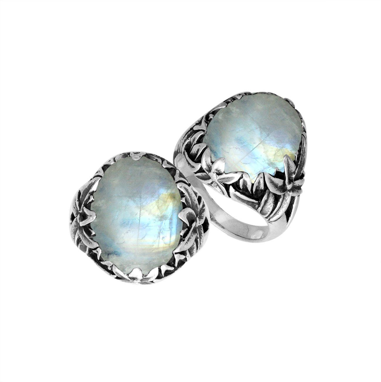 Sterling Silver Balinese Rainbow Moonstone Ring With Elegant Leaf Pattern Design