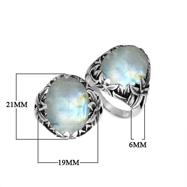 Sterling Silver Balinese Rainbow Moonstone Ring With Elegant Leaf Pattern Design