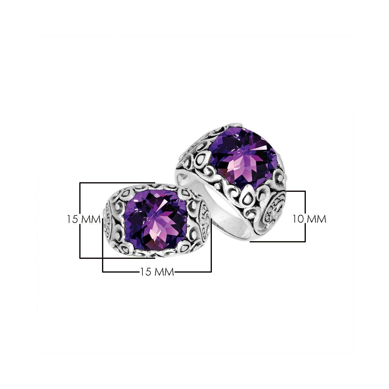 Sterling Silver Balinese Amethyst Quartz Ring With Artistic Scroll Pattern Design