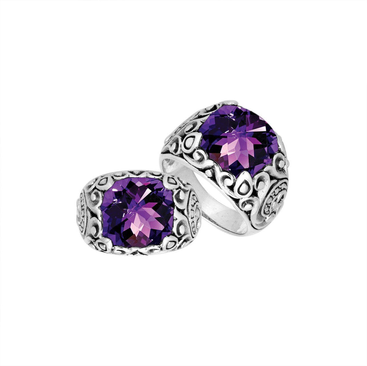 Sterling Silver Balinese Amethyst Quartz Ring With Artistic Scroll Pattern Design