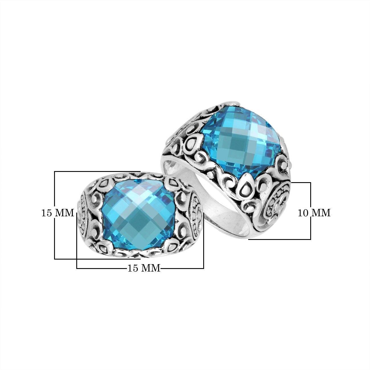 Sterling Silver Balinese Blue Topaz Quartz Ring With Artistic Scroll Pattern Design