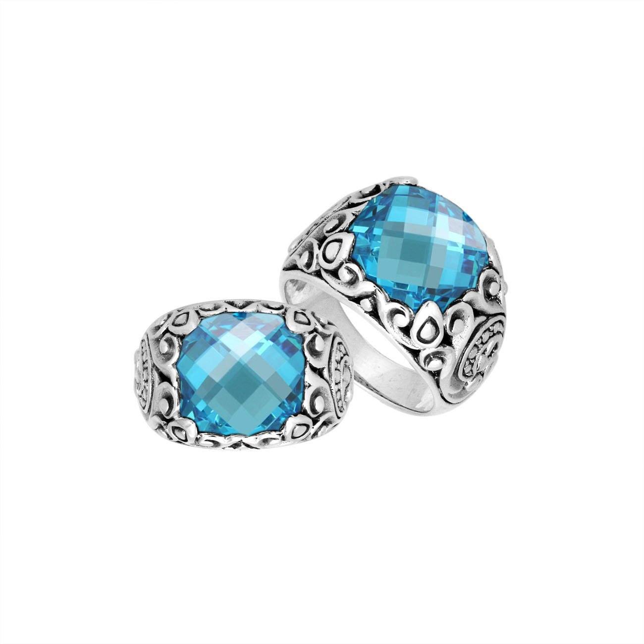 Sterling Silver Balinese Blue Topaz Quartz Ring With Artistic Scroll Pattern Design
