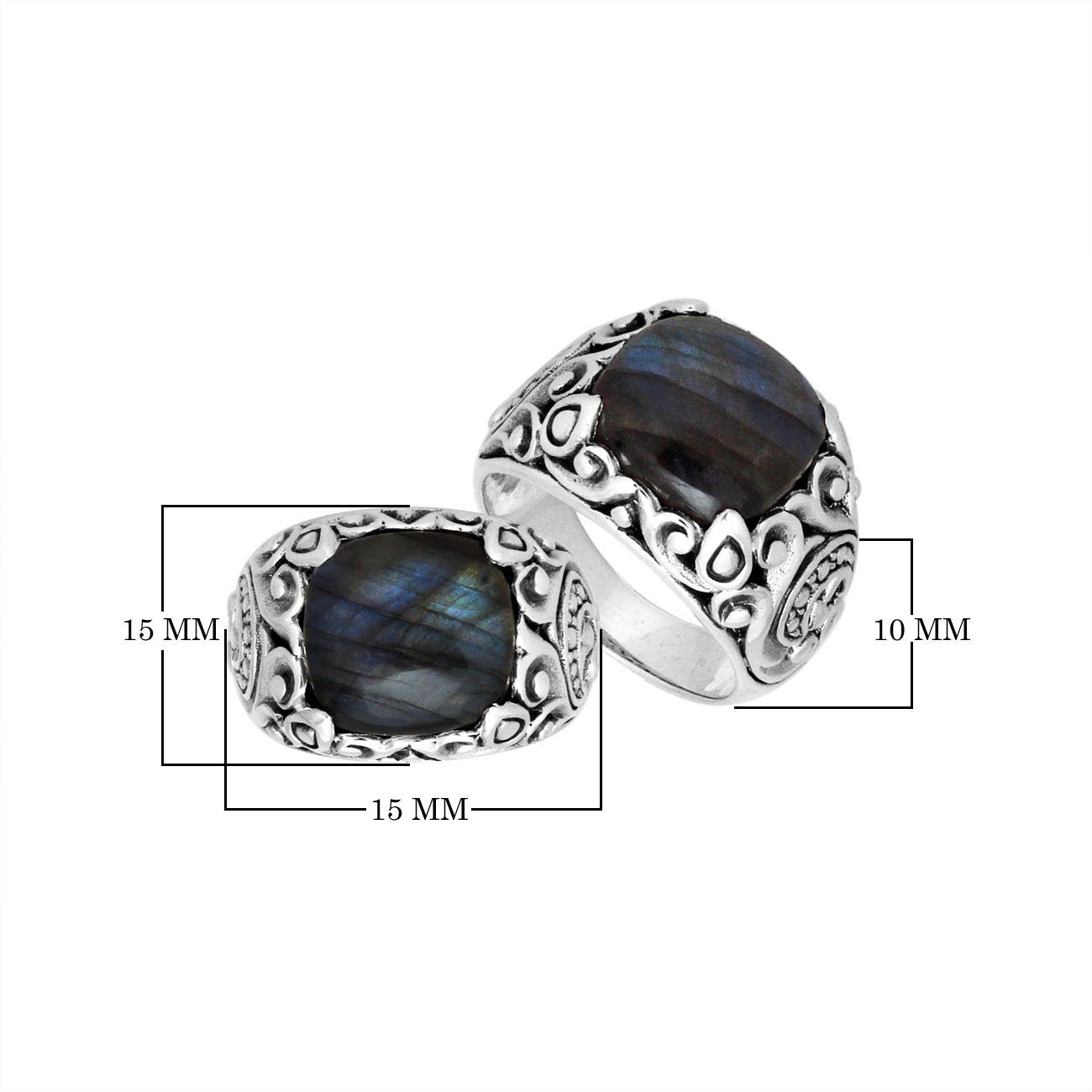 Sterling Silver Balinese Labradorite Ring With Artistic Scroll Pattern Design
