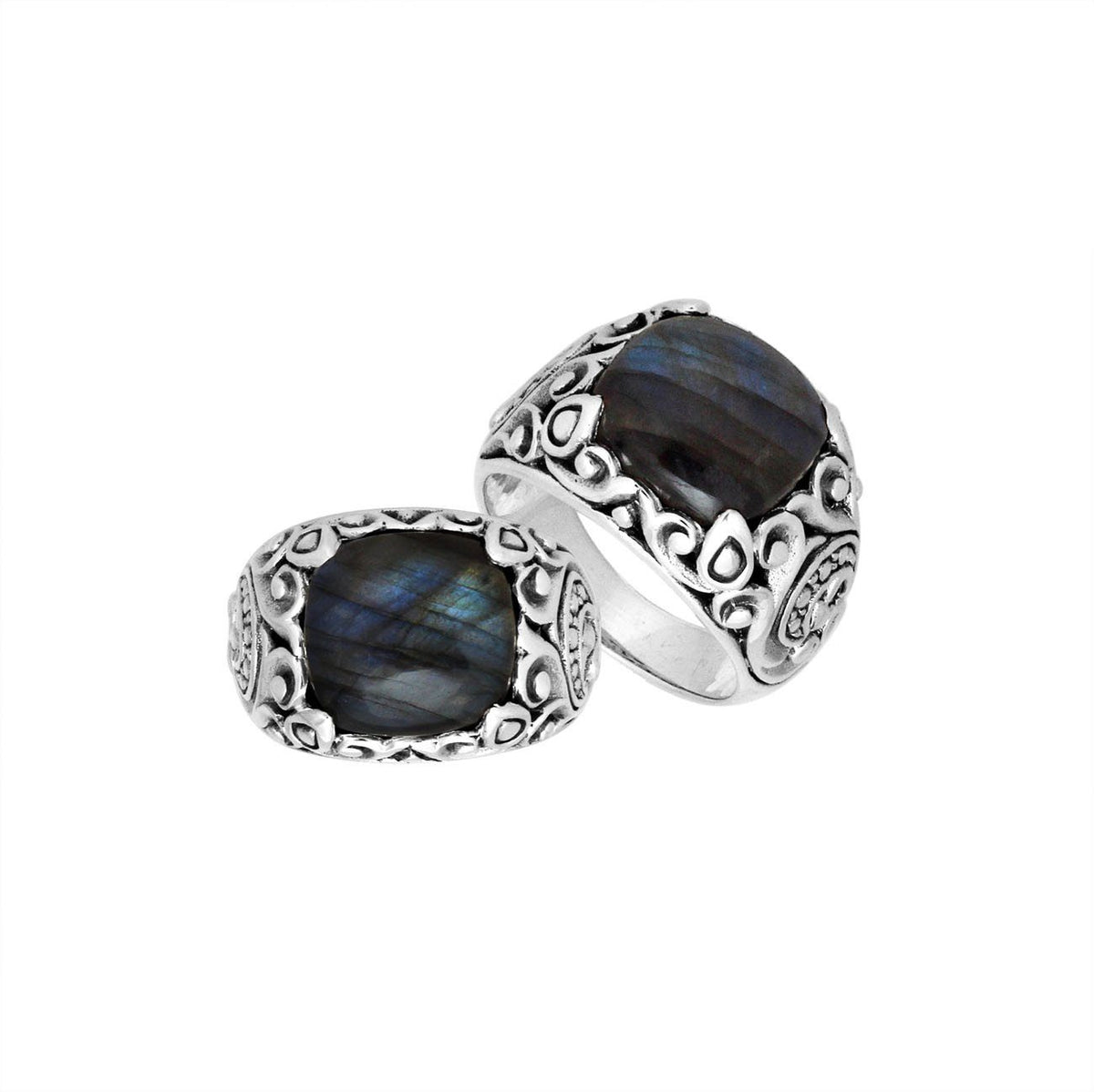 Sterling Silver Balinese Labradorite Ring With Artistic Scroll Pattern Design