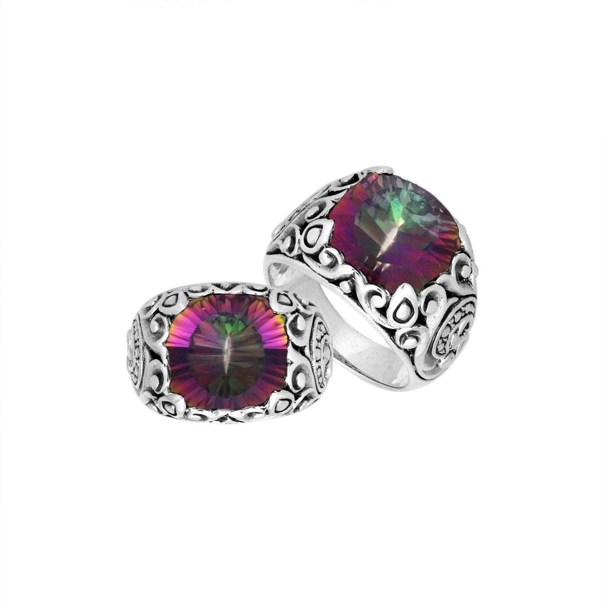 Sterling Silver Balinese Mystic Quartz Ring With Artistic Scroll Pattern Design