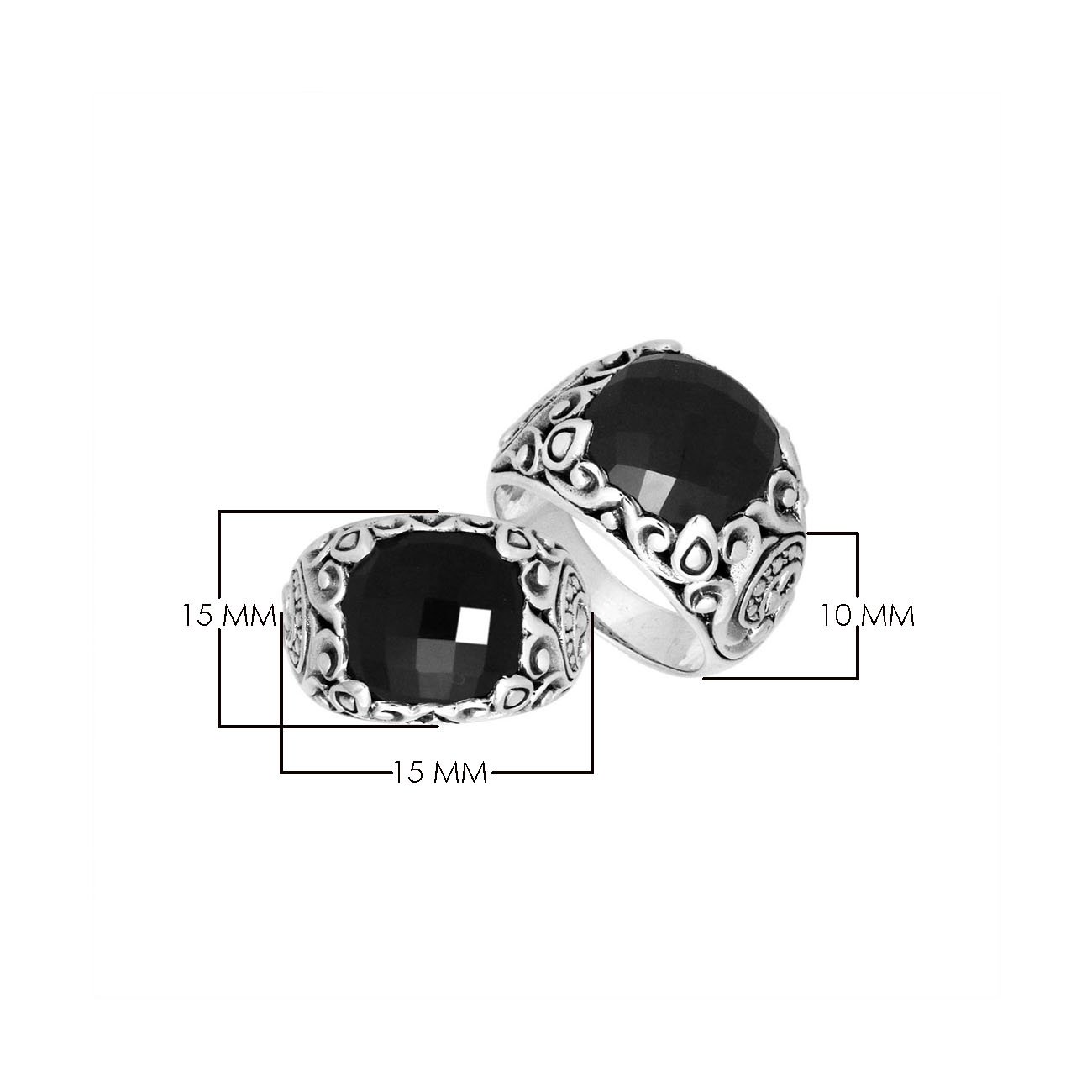 Sterling Silver Balinese Black Onyx Ring With Artistic Scroll Pattern Design