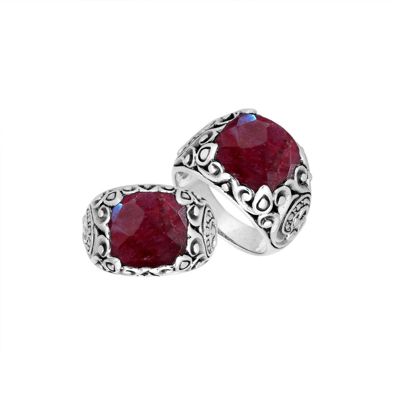 Sterling Silver Balinese Ruby Ring With Artistic Scroll Pattern Design