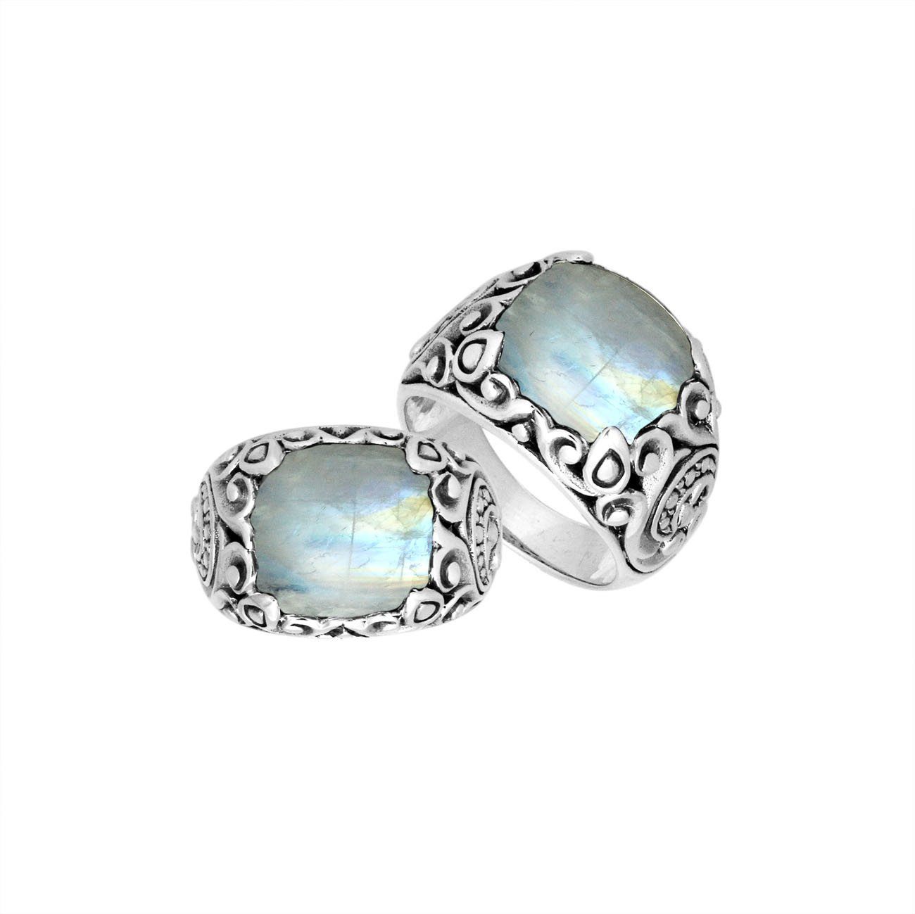 Sterling Silver Balinese Rainbow Moonstone Ring With Artistic Scroll Pattern Design