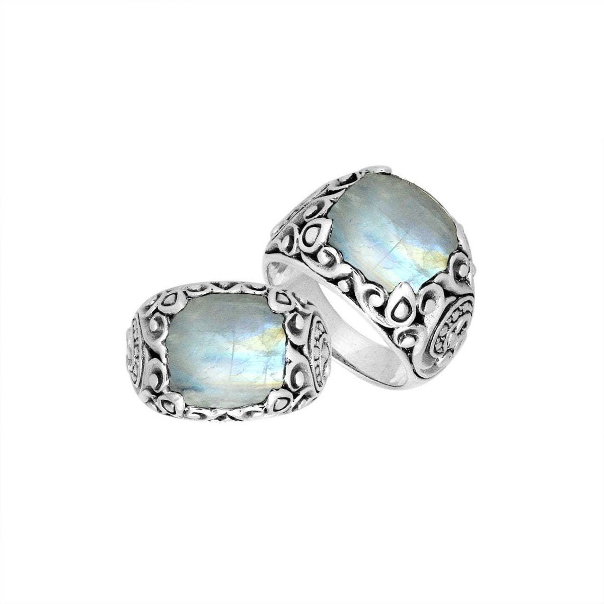 Sterling Silver Balinese Rainbow Moonstone Ring With Artistic Scroll Pattern Design
