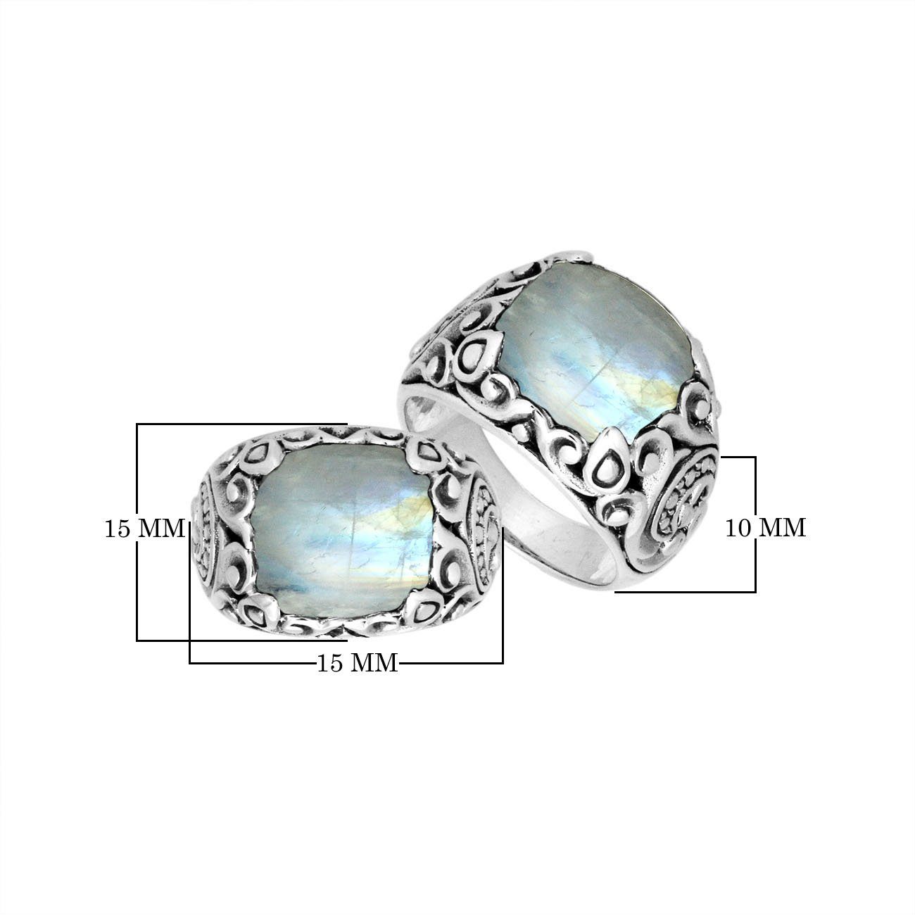 Sterling Silver Balinese Rainbow Moonstone Ring With Artistic Scroll Pattern Design