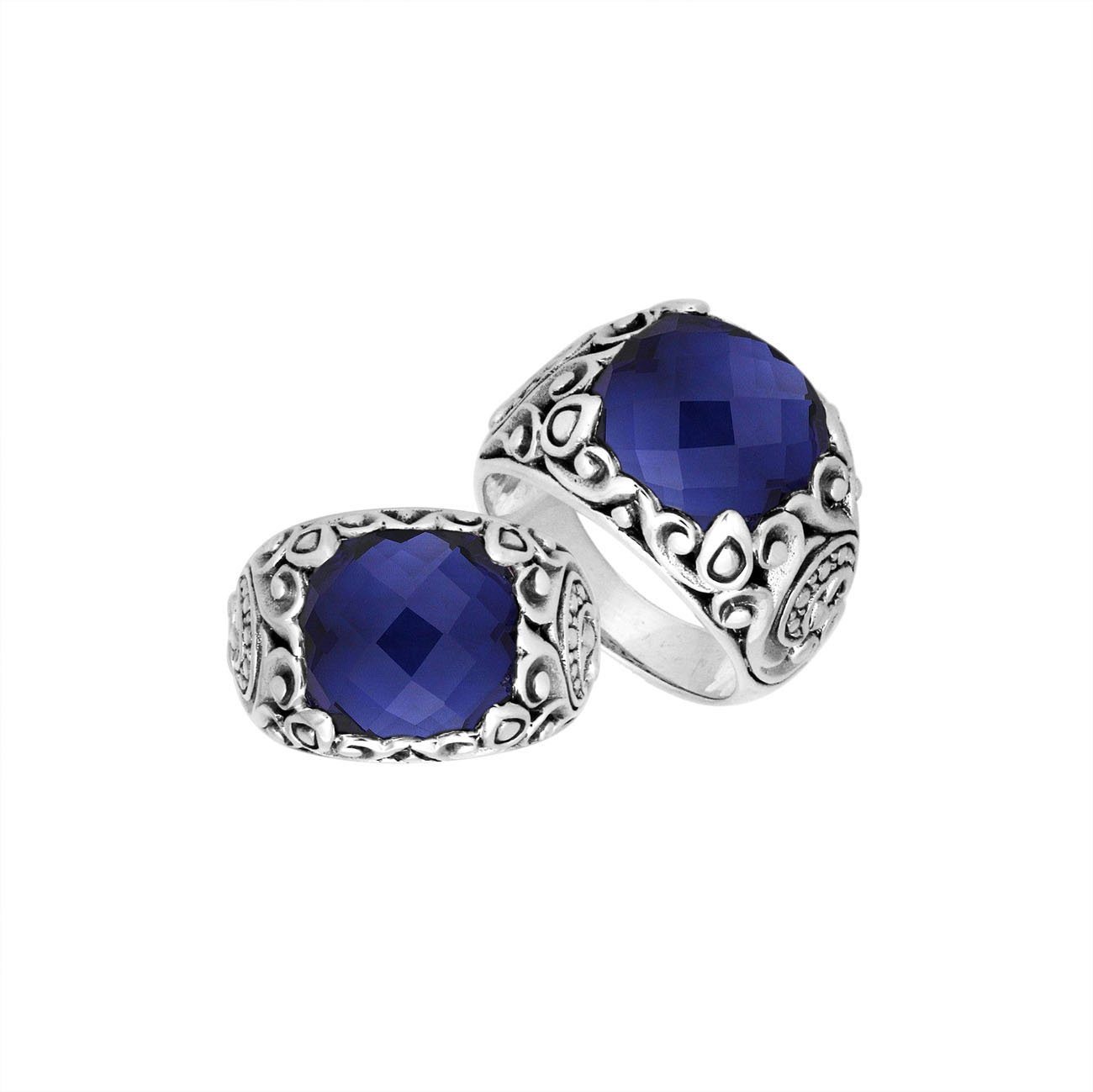 Sterling Silver Balinese Sapphire Quartz Ring With Artistic Scroll Pattern Design
