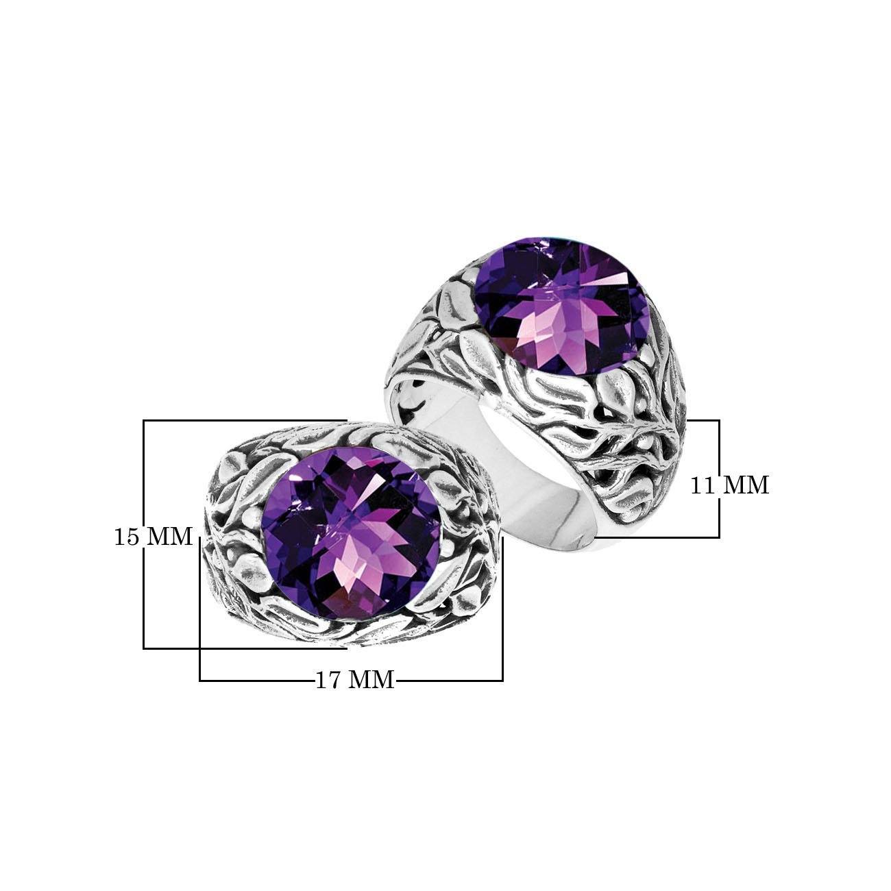 Sterling Silver Balinese Amethyst Quartz Ring With Artistic Leaf Pattern Design
