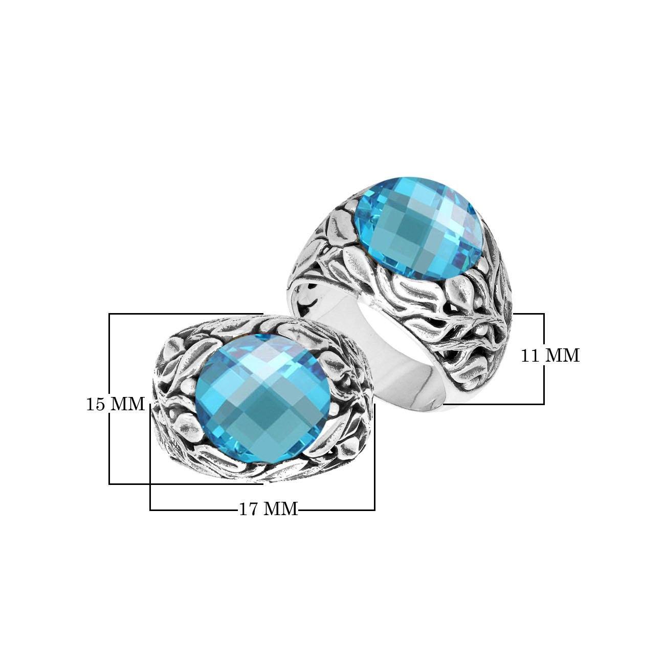 Sterling Silver Balinese Blue Topaz Quartz Ring With Artistic Leaf Pattern Design
