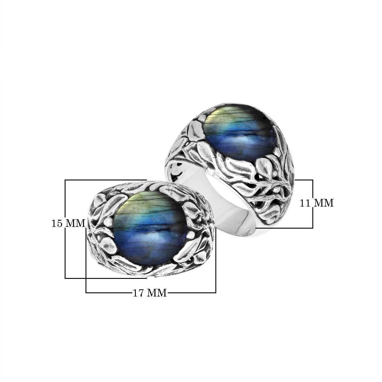 Sterling Silver Balinese Labradorite Ring With Artistic Leaf Pattern Design