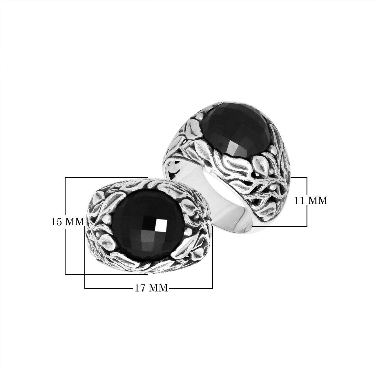 Sterling Silver Black Onyx Quartz Leaf Motif Ring Handcrafted In Bali Indonesia
