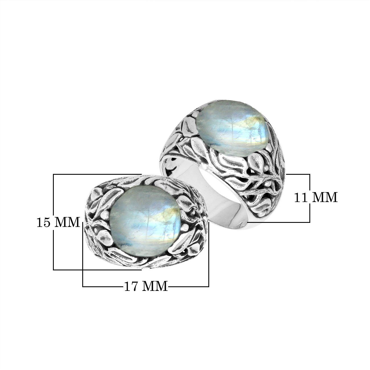 Sterling Silver Balinese Rainbow Moonstone Ring With Artistic Leaf Pattern Design