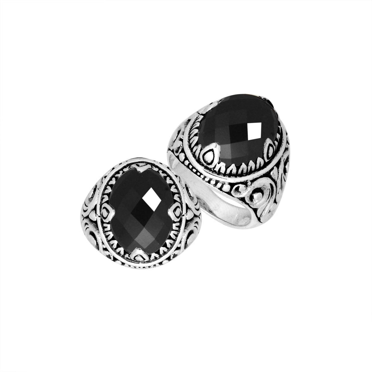 Sterling Silver Black Onyx Quartz Oval Balinese Ring Handcrafted In Indonesia
