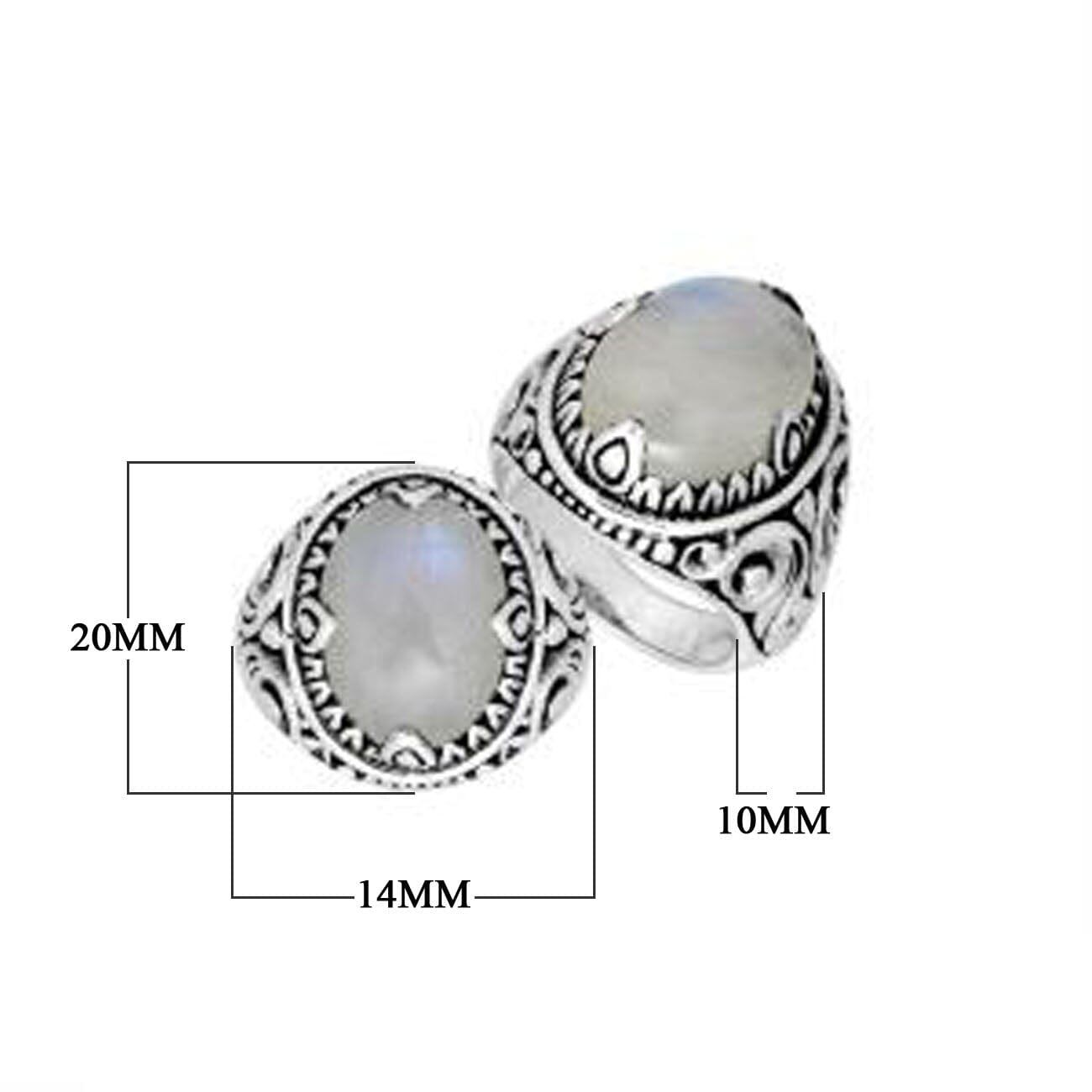 Sterling Silver Rainbow Moonstone Oval Balinese Ring Handcrafted In Indonesia