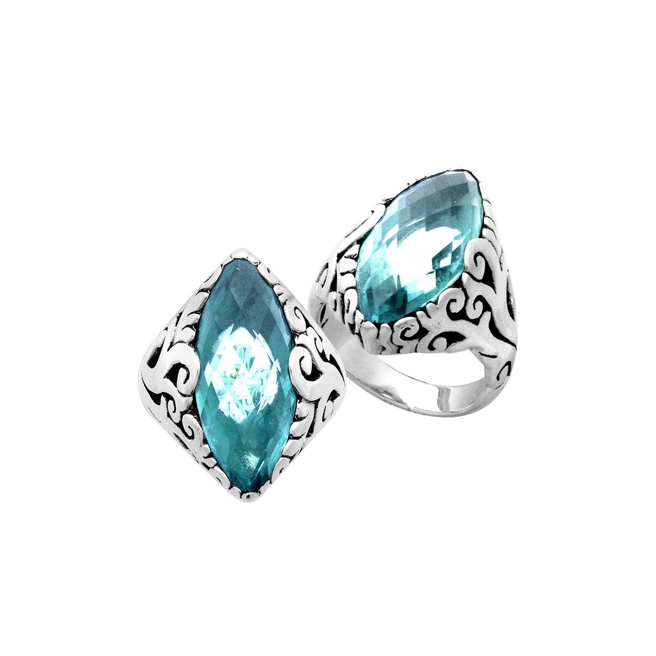 Sterling Silver Blue Topaz Quartz Marquise Balinese Ring Handcrafted In Indonesia