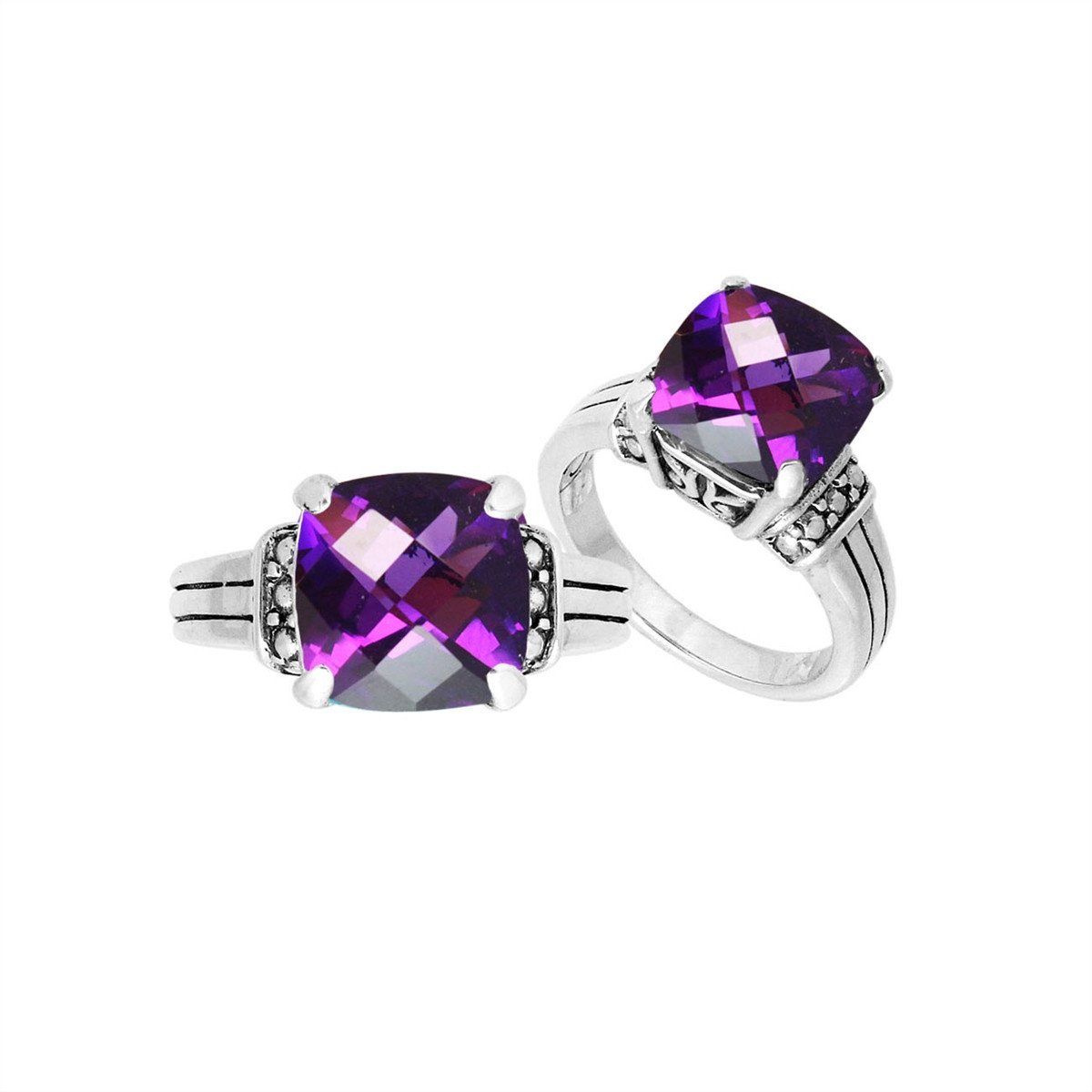 Handcrafted Sterling Silver Elegant Designer Amethyst Quartz Cushion Heritage Statement Ring With Balinese Detailing.