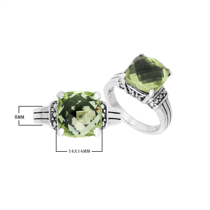 Handcrafted Sterling Silver Elegant Green Amethyst Quartz Cushion Statement Ring With Balinese Carving.