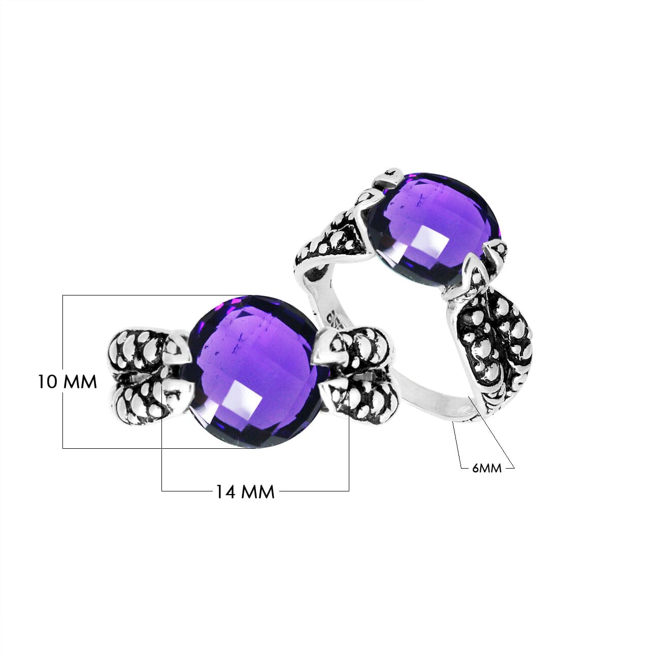 Handcrafted Sterling Silver Elegant Amethyst Quartz Round Balinese Engraved Luxury Statement Ring.