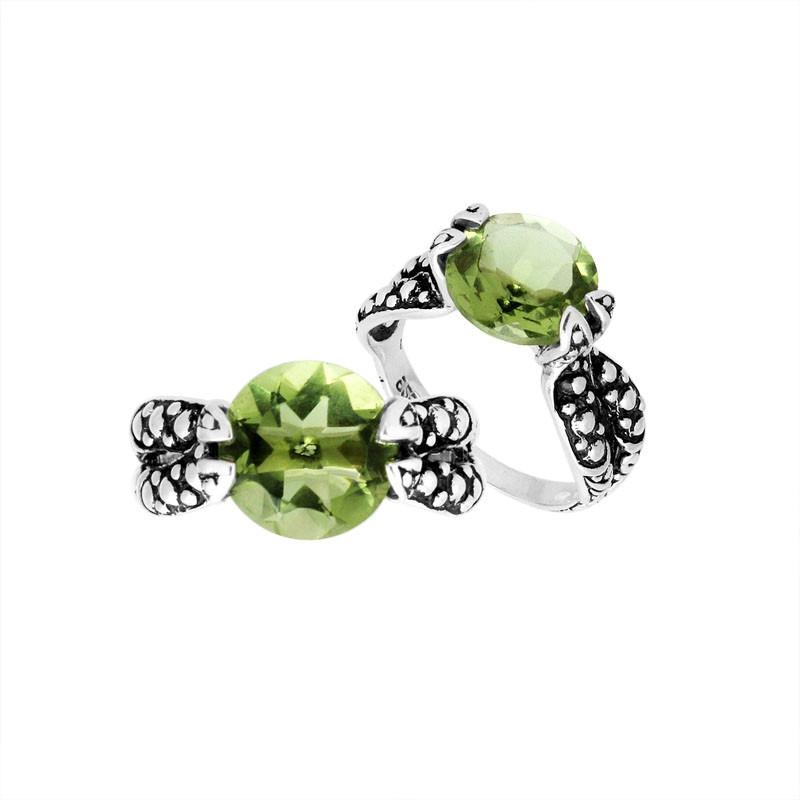 Handcrafted Sterling Silver Elegant Green Amethyst Quartz Round Balinese Engraved Luxury Statement Ring.