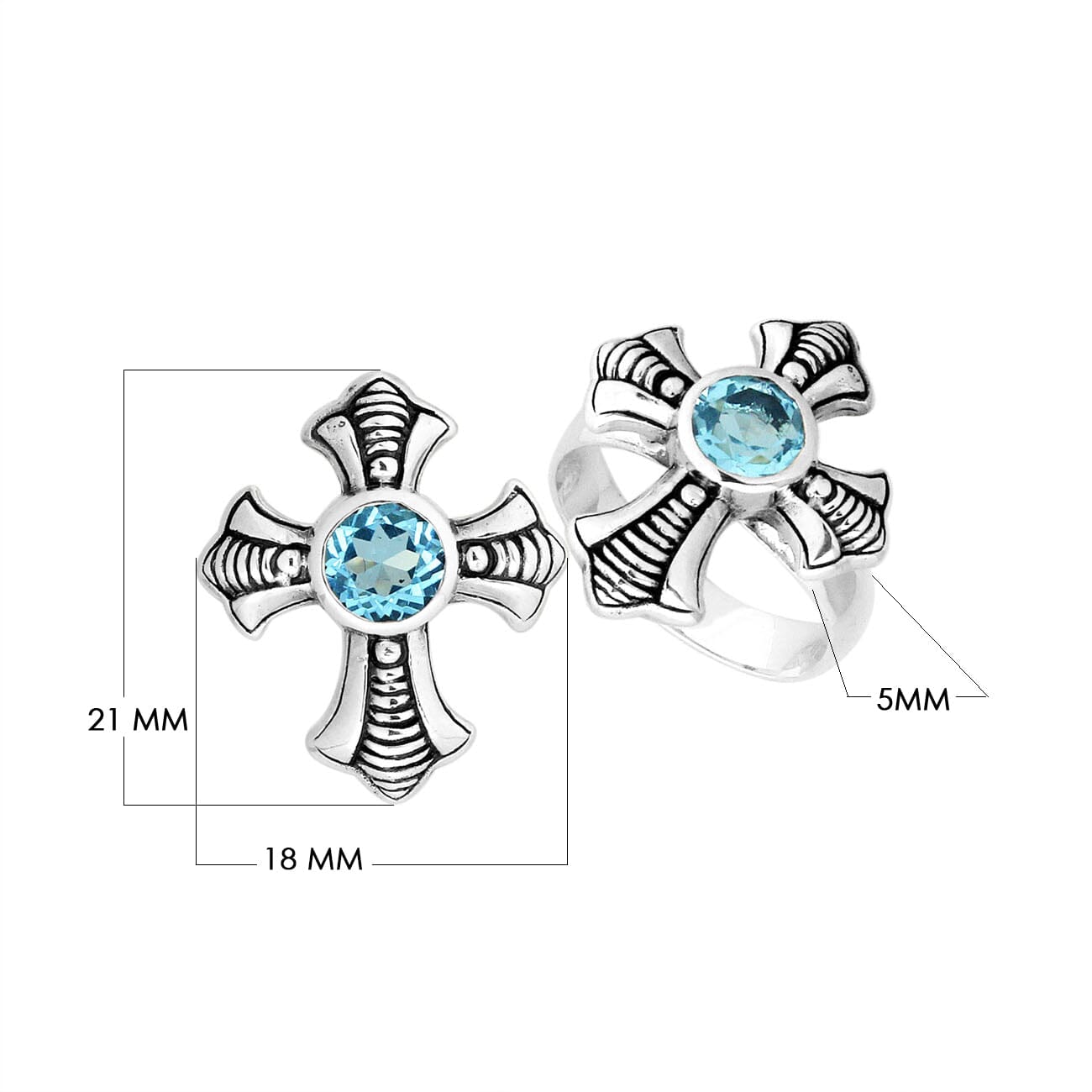 Handcrafted Sterling Silver Elegant Blue Topaz Quartz Cross Motif Balinese Engraved Luxury Statement Ring.