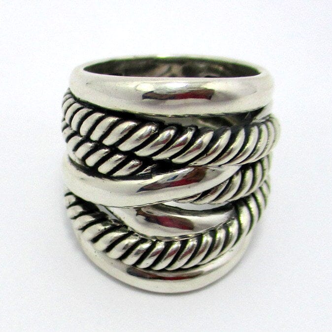 Handcrafted Sterling Silver Elegant Twisted Rope Texture Wide Band Balinese Luxury Statement Ring.